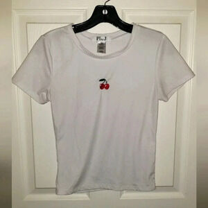 PI by J | Vintage, Ribbed, Crop, Baby Tee with Cherry Embroidery